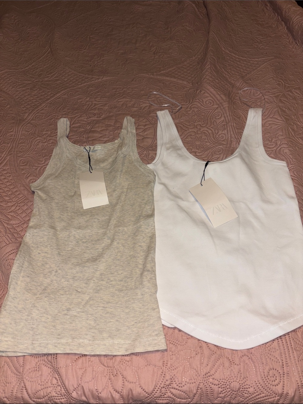 Zara Ribbed Tank Tops - White and Heather Beige